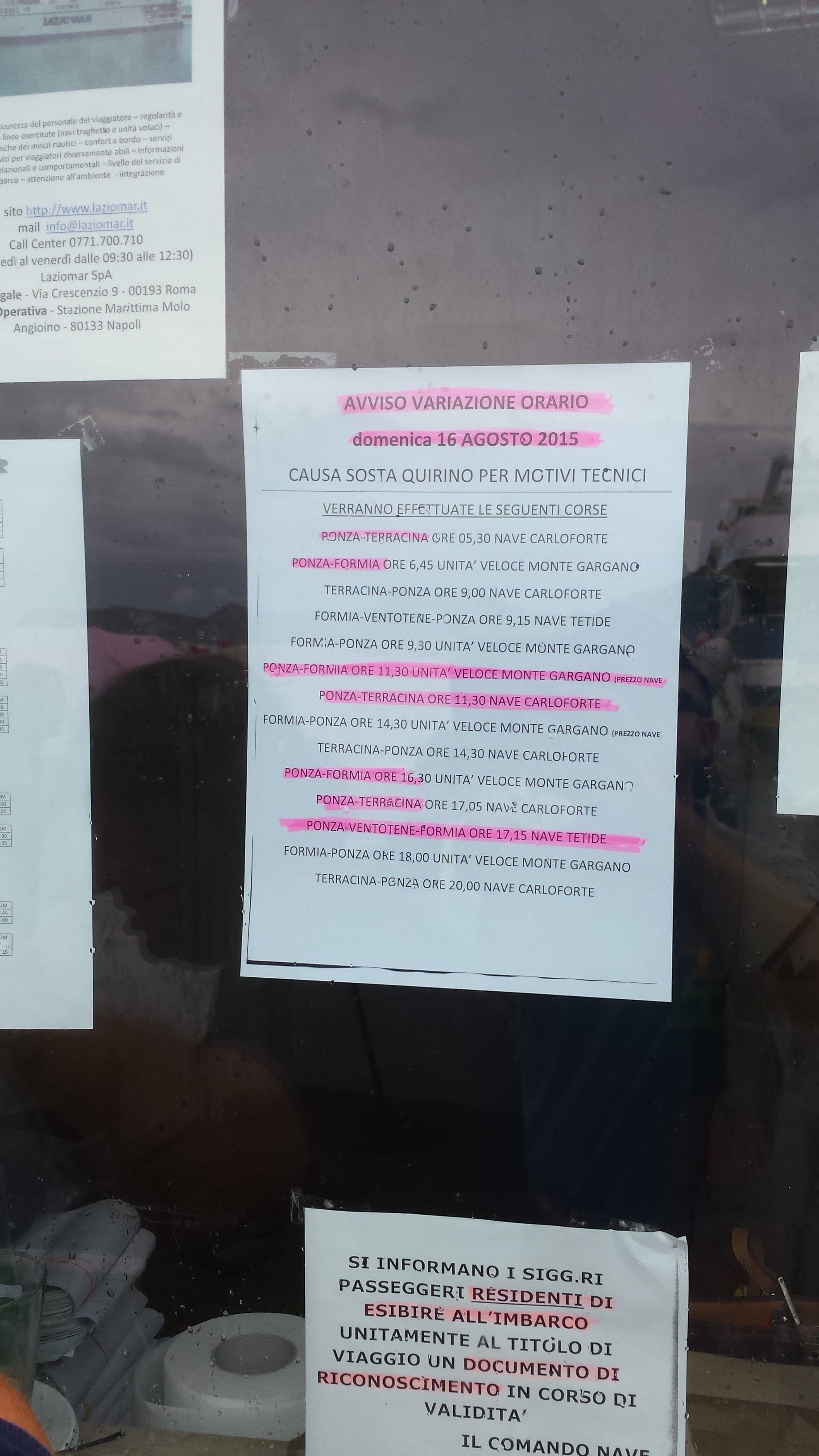 Variazione orari ponza – formia 16 agosto